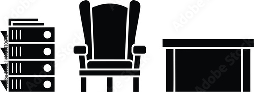 Corporate Management Silhouette Featuring Executive Wingback Desk Chair Professional Office Table and Stacked Business Filing Binders