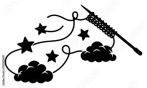 Knitting needle with yarn wool forming magical stars and soft clouds vector illustration