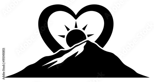 Mountain peak silhouette with rising sun inside a large heart shape representing love for nature