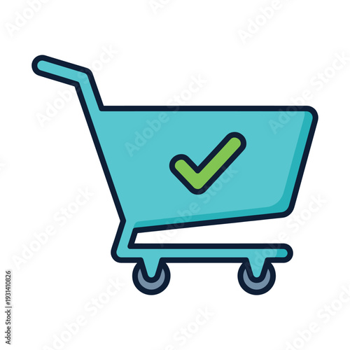 Vector illustration of a shopping cart with a checkmark, symbolizing purchase confirmation, viewed from the side in a simple graphic style