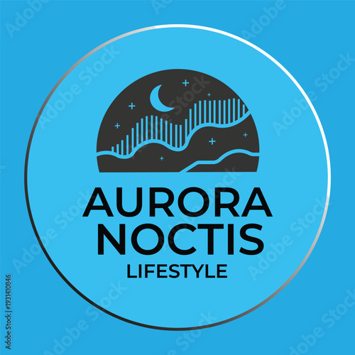 Aurora Noctis Lifestyle Logo Design with Moon, Stars, and Northern Lights Icon on Blue Background