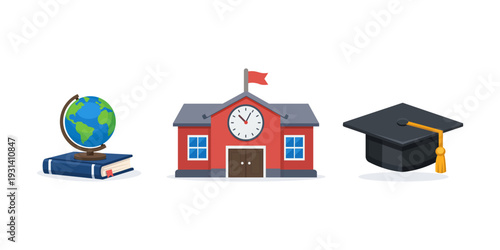 Education icon set with school building, books with globe, and graduation cap. Flat vector illustration for academic, learning, and university graduation concepts isolated on white background.
