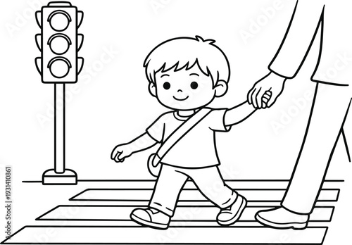 Cute Little Boy Crossing Street with Parent at Crosswalk Traffic Light Safety Cartoon Coloring Page Outline Illustration for Kids