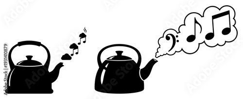 Boiling tea kettle silhouettes with musical notes and clef emerging as steam from the spout