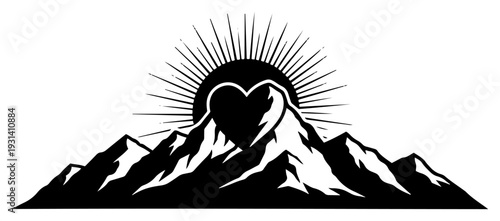 Jagged mountain range silhouette with radiant sun and heart shaped peak for travel and adventure branding