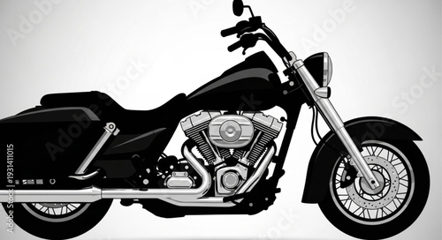 Black motorcycle parked on a white background studio shot.