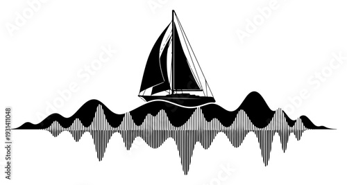 Sailboat silhouette on sound wave ocean for music and travel concept