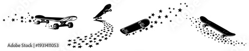Set of skateboard silhouettes with motion trails, skateboarding tricks and movement concept