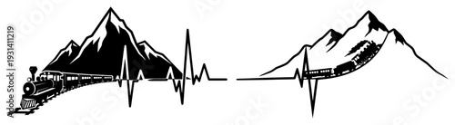 Creative illustration of steam trains in mountains integrated with a heartbeat pulse line