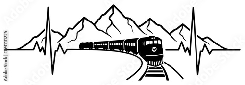 Modern passenger train traveling through mountains combined with a heartbeat rhythm line