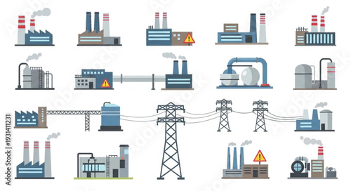 Industrial Power Plant Infrastructure Icons.