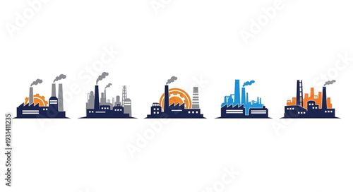 Collection of industrial factory buildings with smokestacks emitting smoke.