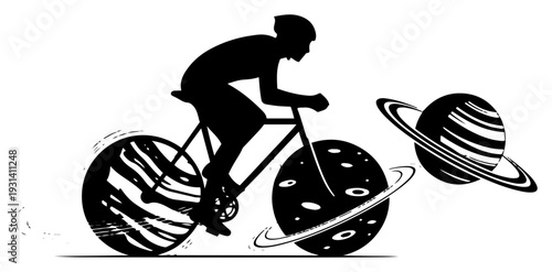 Surreal vector silhouette of a cyclist riding with planet wheels through deep space