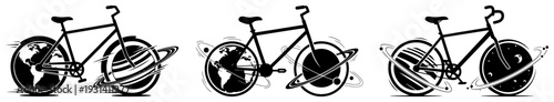 Collection of bicycle silhouettes featuring different planets instead of wheels for space travel concept