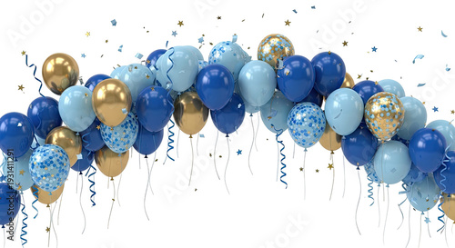 Blue and gold balloons with confetti and streamers