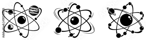 Set of atomic models with planets as electrons representing physics and solar system astronomy