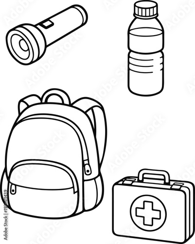 Emergency Preparedness Kit with Backpack Flashlight Water Bottle and First Aid Box Cartoon Coloring Page Outline Illustration