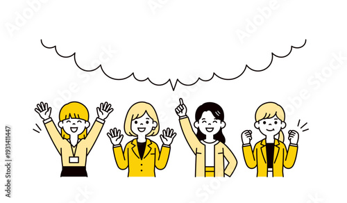 大きな吹き出しと、明るく元気な表情・ポーズの複数の若い女性の上半身ベクターイラスト素材セット