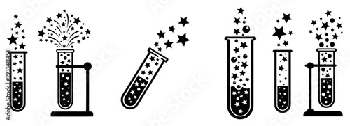 Lab test tubes and beakers filled with stars and bubbles representing magical scientific discoveries