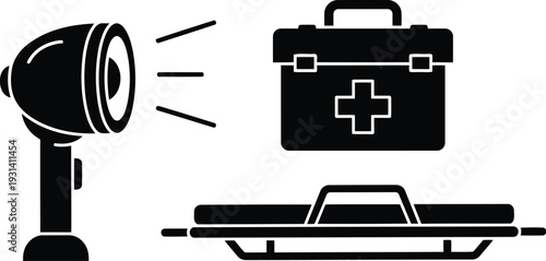 Emergency First Responder Silhouette Featuring High-Powered Tactical Flashlight Medical First Aid Kit and Portable Rescue Stretcher