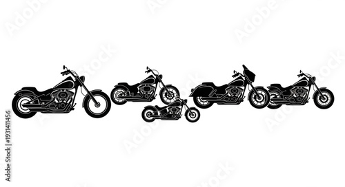 Collection of five different motorcycles lined up horizontally.