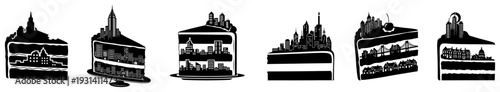 Set of cake slices topped with detailed cityscapes and urban buildings in black and white vector style