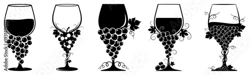 Set of wine glass silhouettes with decorative grape bunches and vine stems