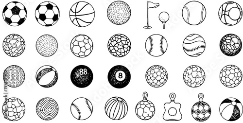 Sports Balls  Equipment Collection: Hand-Drawn Icons of Soccer, Basketball, Baseball, Golf, Pool, Beach Balls  More