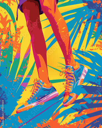 Person Walking in Sneakers Through Tropical Jungle Foliage Flat Vector Illustration