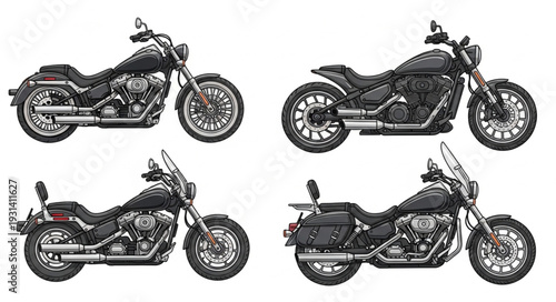 Four Detailed Illustrations of Cruiser Motorcycles.