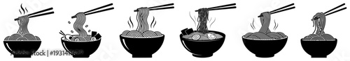 Collection of noodle bowl silhouettes with chopsticks and rising steam