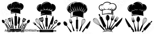 Chef hat icons combined with various kitchen tools and cooking utensils