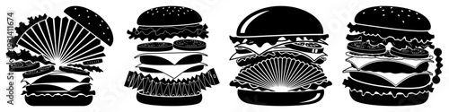 Stylized burger silhouettes featuring layered ingredients and fast food concepts