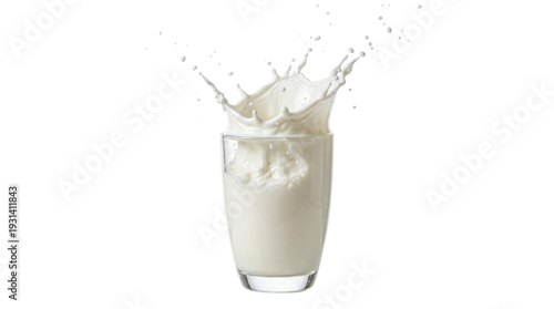 A glass of milk with a splash of liquid isolated on transparent background