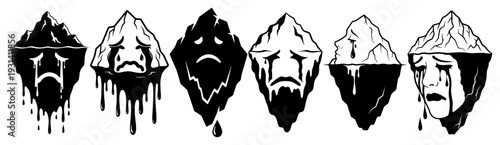 Melting icebergs with sad crying faces illustrating the global warming climate crisis