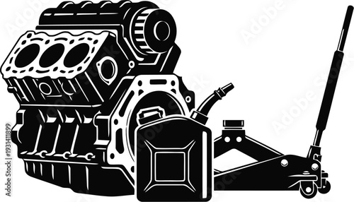 Automotive Repair Silhouette Featuring V6 Engine Block Heavy Duty Hydraulic Floor Jack and Industrial Jerry Can for Workshop Service