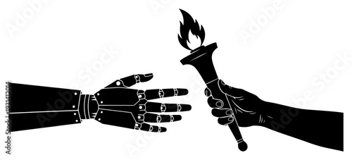 Human hand passing a lit torch to a robotic hand representing artificial intelligence and the future