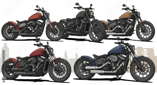 Collection of five custom motorcycles in various colors and styles.