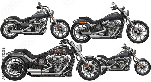 Collection of Detailed Motorcycle Illustrations in Black and White.