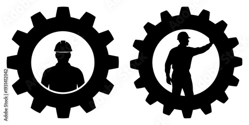 Industrial worker silhouettes inside gear icons for engineering and manufacturing concepts