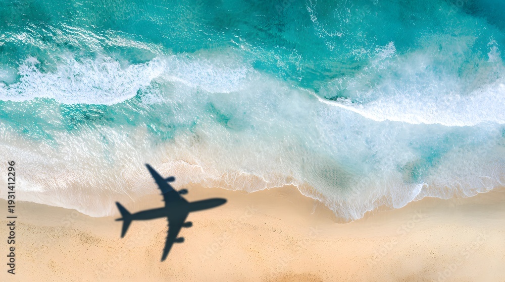 Naklejka premium Vacation escape aerial view plane shadow over turquoise beach serene summer travel photography evokes wanderlust