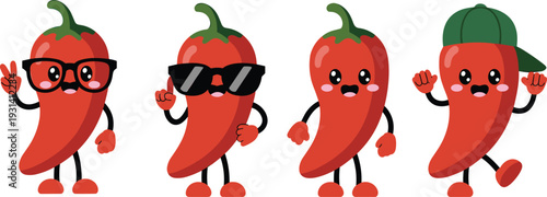 Four anthropomorphic red chili peppers with different expressions and accessories