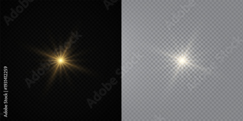 Glowing Golden Star Light Effect with Sparkle Rays and Lens Flare Illumination on Transparent Background