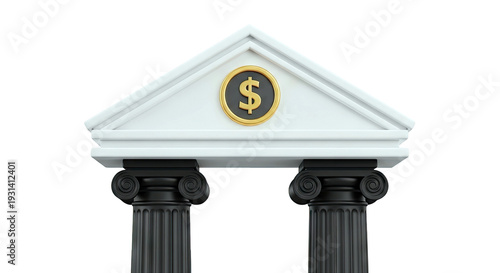 Bank building with dollar sign icon on white background