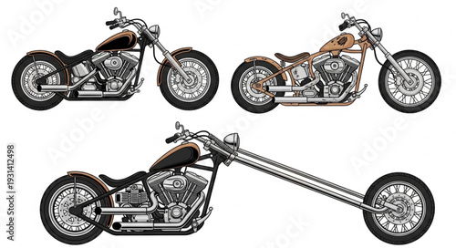 Three custom choppers motorcycles isolated on white background.