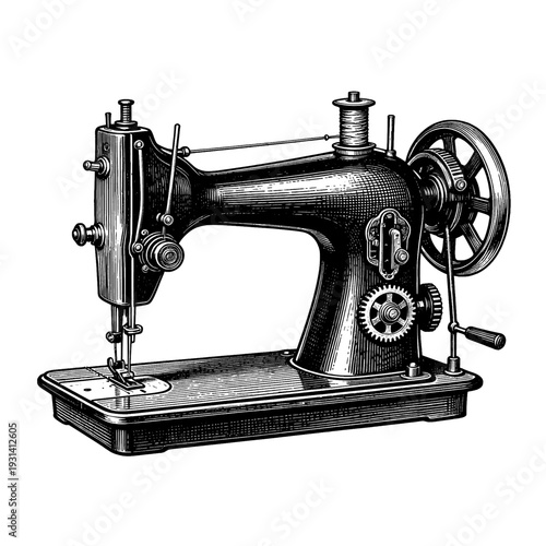 Antique mechanical sewing machine etching illustration for vintage tailor fashion concept