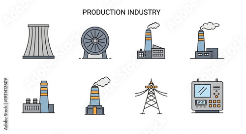 Industrial Production Factory Icons Set.