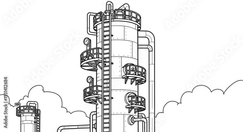 Industrial Refinery Tower with Pipes.