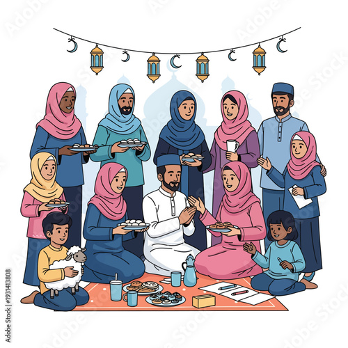 Family gathering for a festive meal together, sharing food and company, vector illustration of people in traditional attire.
