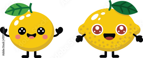 Two cheerful yellow citrus fruits with faces and arms waving